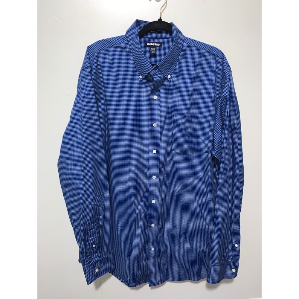 Lands End Mens XL Tall Blue Gingham No Iron Twill Button Down Shirt Traditional
